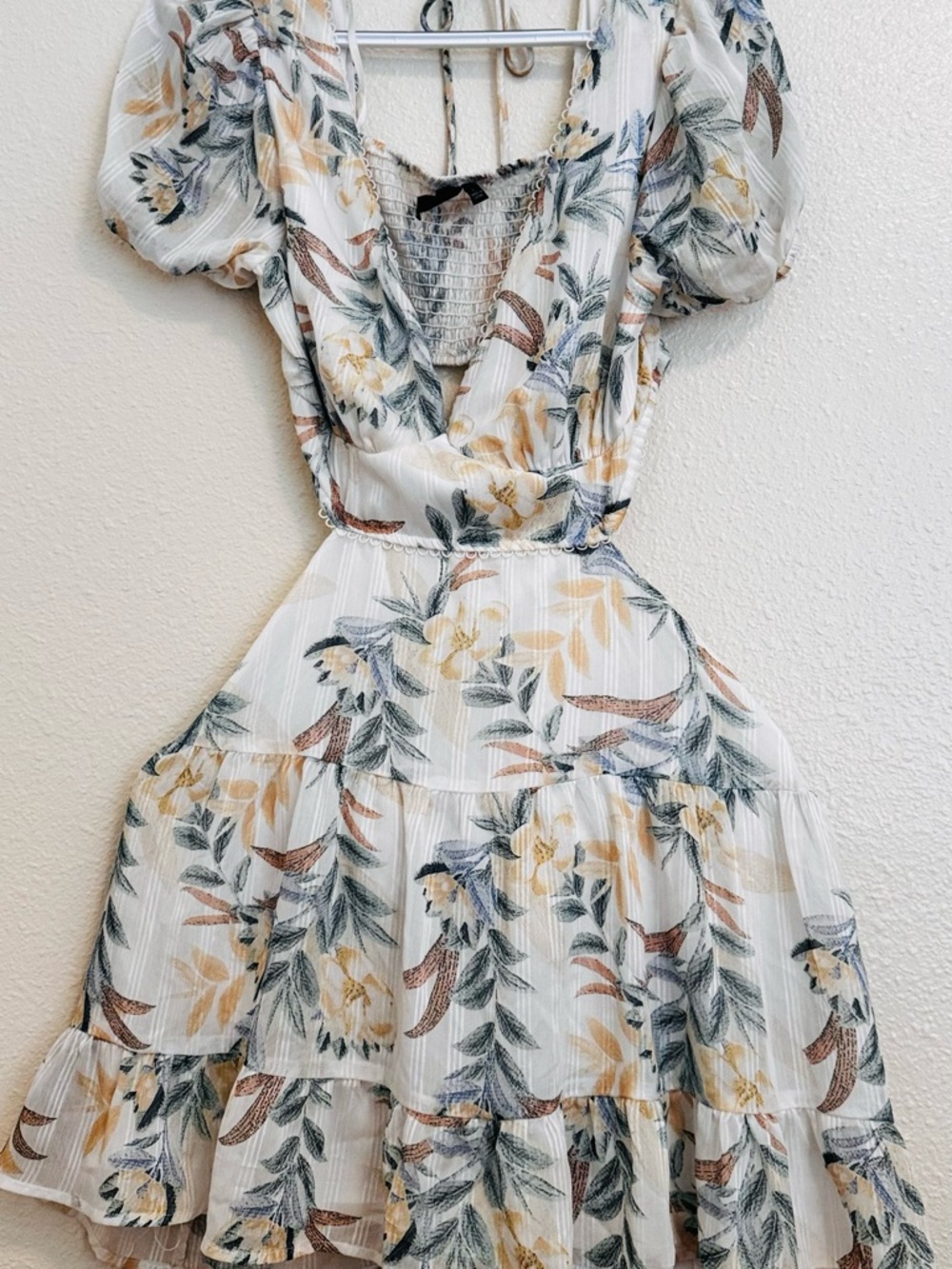 Windsor White Floral Tiered Midi Dress with Yellow & Green Print
